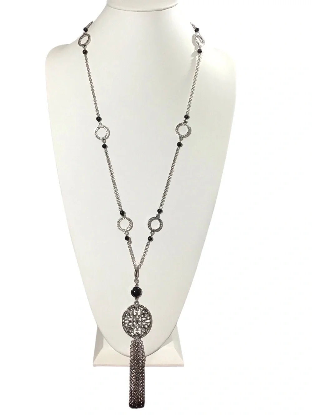 Lia Sophia Long Tassel Pendant Necklace Toggle Silver Tone Fashion Jewelry